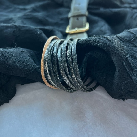 VTG 70s belt olive tan silver leather distressed sz S strappy gold buckle - Picture 5 of 11